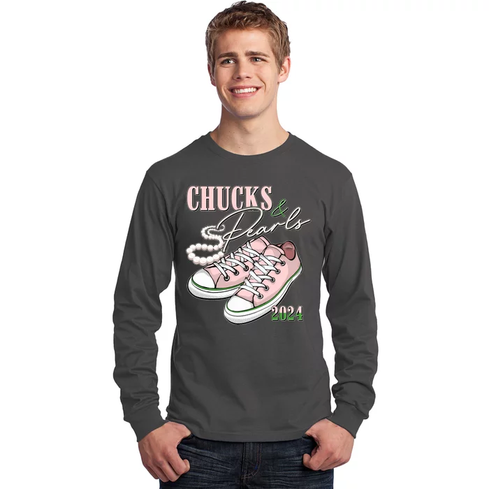 Chucks And Pearls Kamala Harris 2024 Aka Sorority Pink And Green Long Sleeve Shirt