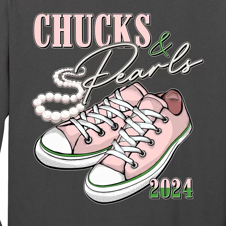 Chucks And Pearls Kamala Harris 2024 Aka Sorority Pink And Green Long Sleeve Shirt