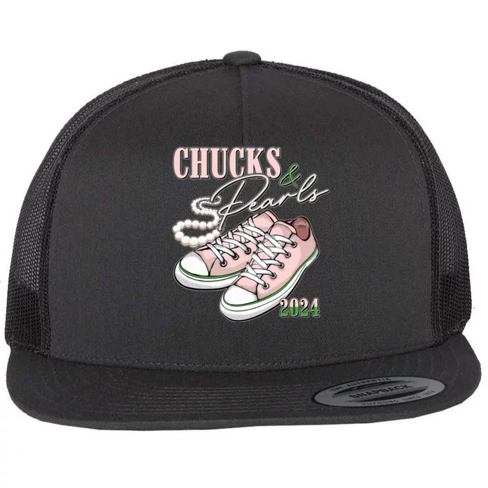 Chucks And Pearls Kamala Harris 2024 Aka Sorority Pink And Green Flat Bill Trucker Hat