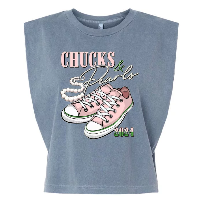 Chucks And Pearls Kamala Harris 2024 Aka Sorority Pink And Green Garment-Dyed Women's Muscle Tee