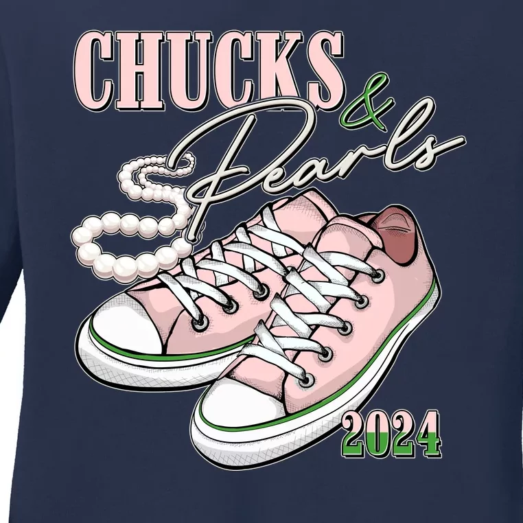 Chucks And Pearls Kamala Harris 2024 Aka Sorority Pink And Green Ladies Long Sleeve Shirt