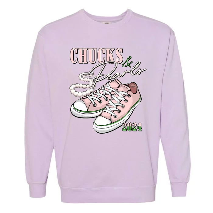 Chucks And Pearls Kamala Harris 2024 Aka Sorority Pink And Green Garment-Dyed Sweatshirt