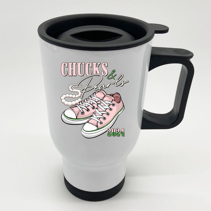 Chucks And Pearls Kamala Harris 2024 Aka Sorority Pink And Green Front & Back Stainless Steel Travel Mug