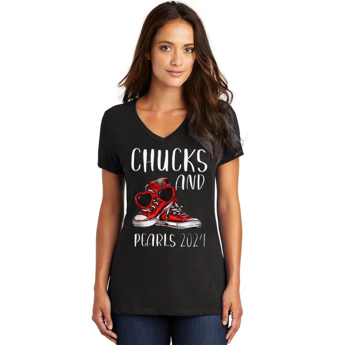 Chucks And Pearls IM With Her Kamala 2024 Women's V-Neck T-Shirt