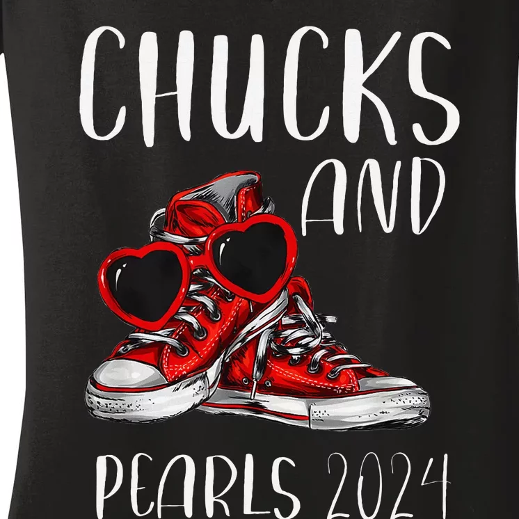 Chucks And Pearls IM With Her Kamala 2024 Women's V-Neck T-Shirt