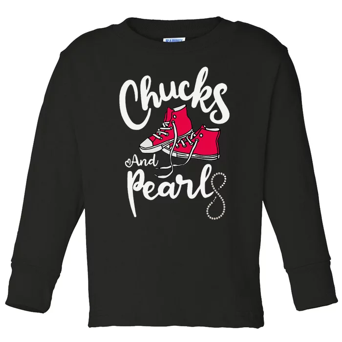 Chucks And Pearls IM With Her Kamala Harris Supporters Toddler Long Sleeve Shirt