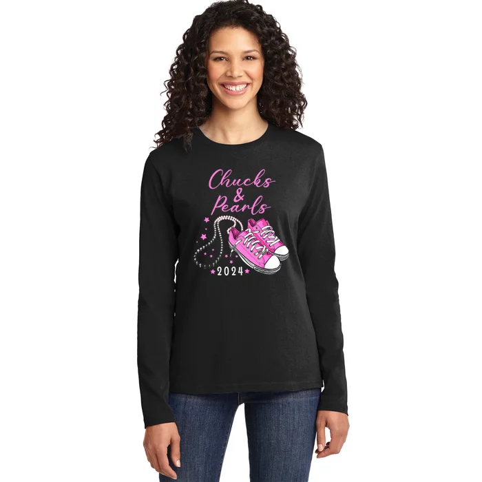 Chucks And Pearls 2024 Kamala Harris For President 47th Ladies Long Sleeve Shirt