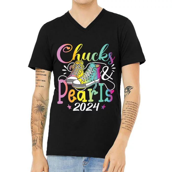 Chucks And Pearls Im With Her Kamala 2024 V-Neck T-Shirt