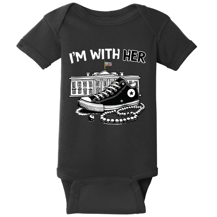 Chucks And Pearls Im With Her Kamala 2024 Retro Vintage Baby Bodysuit