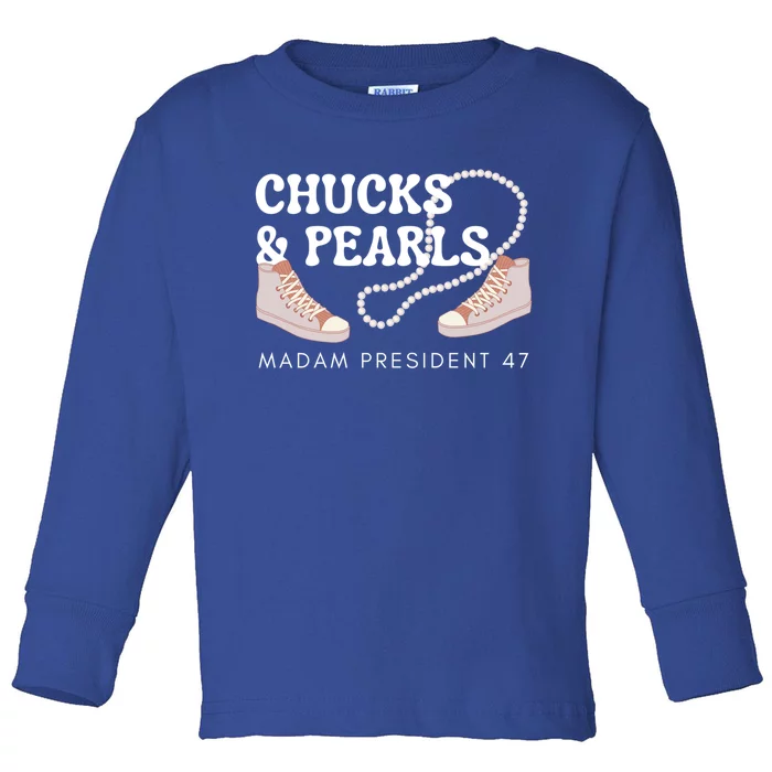 Chucks And Pearls 2024 Kamala Harris Madam President 47 Gift Toddler Long Sleeve Shirt