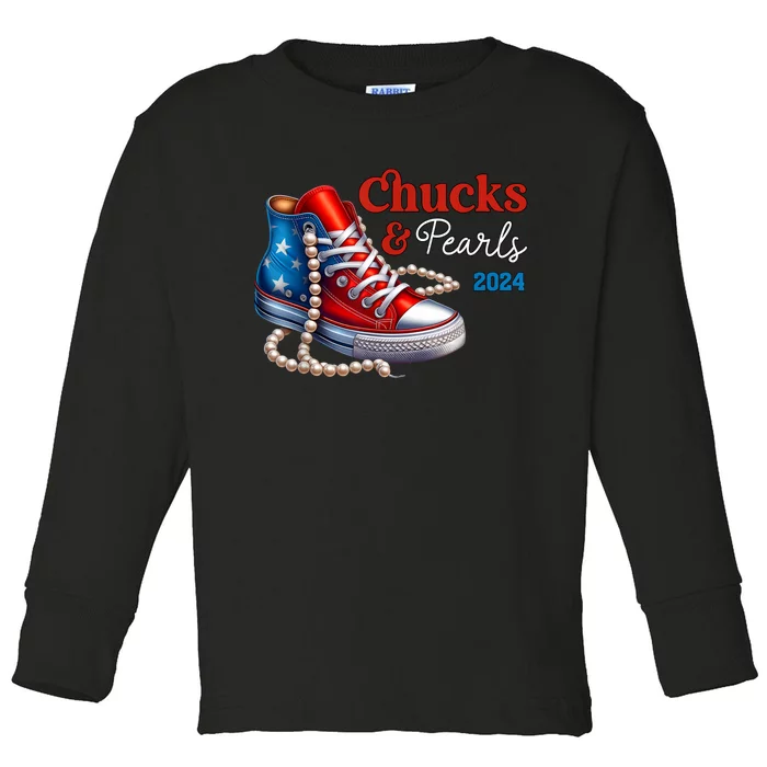 Chucks And Pearls 2024 Im With Her Kamala Toddler Long Sleeve Shirt