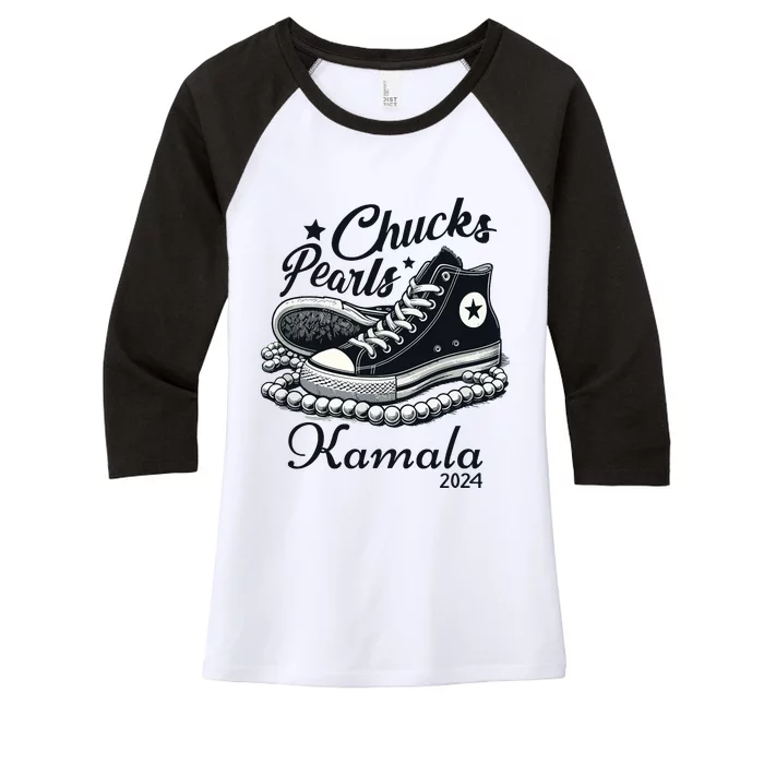 Chucks And Pearls For Women 2024 Kamala Harris Women's Tri-Blend 3/4-Sleeve Raglan Shirt