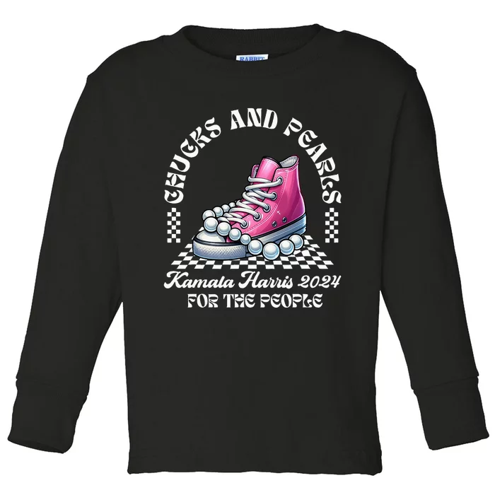 Chucks And Pearls Kamala Harris 2024 President Campaign Toddler Long Sleeve Shirt