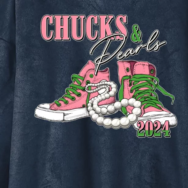 Chucks And Pearls Kamala Harris 2024 Aka Sorority Pink And Green Hooded Wearable Blanket