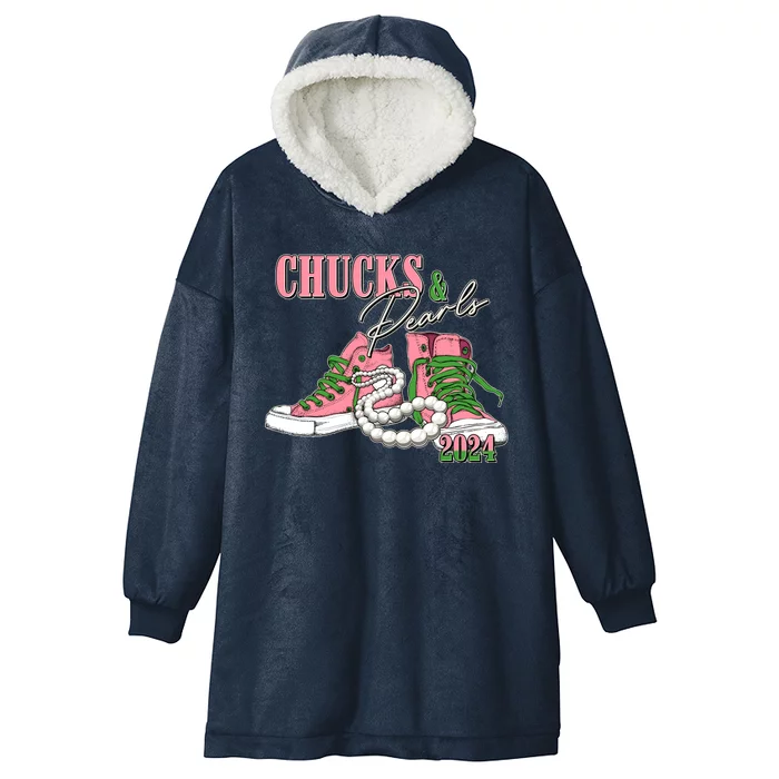 Chucks And Pearls Kamala Harris 2024 Aka Sorority Pink And Green Hooded Wearable Blanket