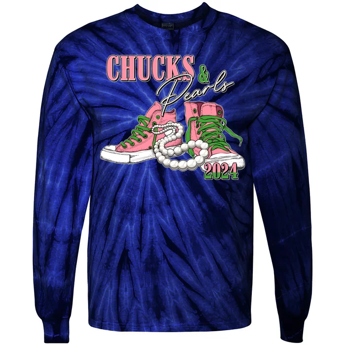 Chucks And Pearls Kamala Harris 2024 Aka Sorority Pink And Green Tie-Dye Long Sleeve Shirt