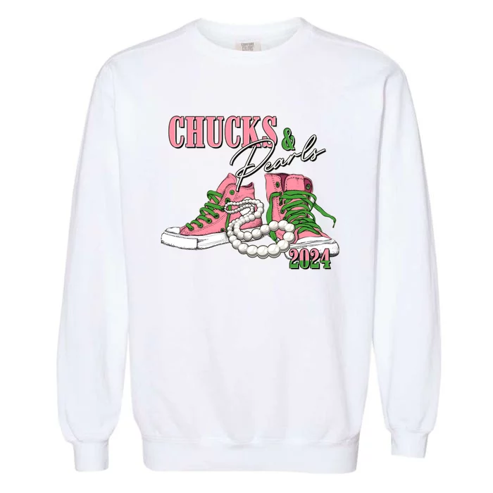 Chucks And Pearls Kamala Harris 2024 Aka Sorority Pink And Green Garment-Dyed Sweatshirt