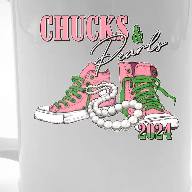 Chucks And Pearls Kamala Harris 2024 Aka Sorority Pink And Green Front & Back Beer Stein