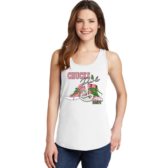 Chucks And Pearls Kamala Harris 2024 Aka Sorority Pink And Green Ladies Essential Tank