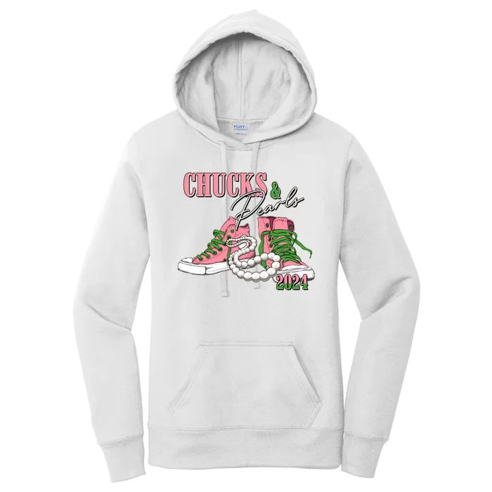 Chucks And Pearls Kamala Harris 2024 Aka Sorority Pink And Green Women's Pullover Hoodie