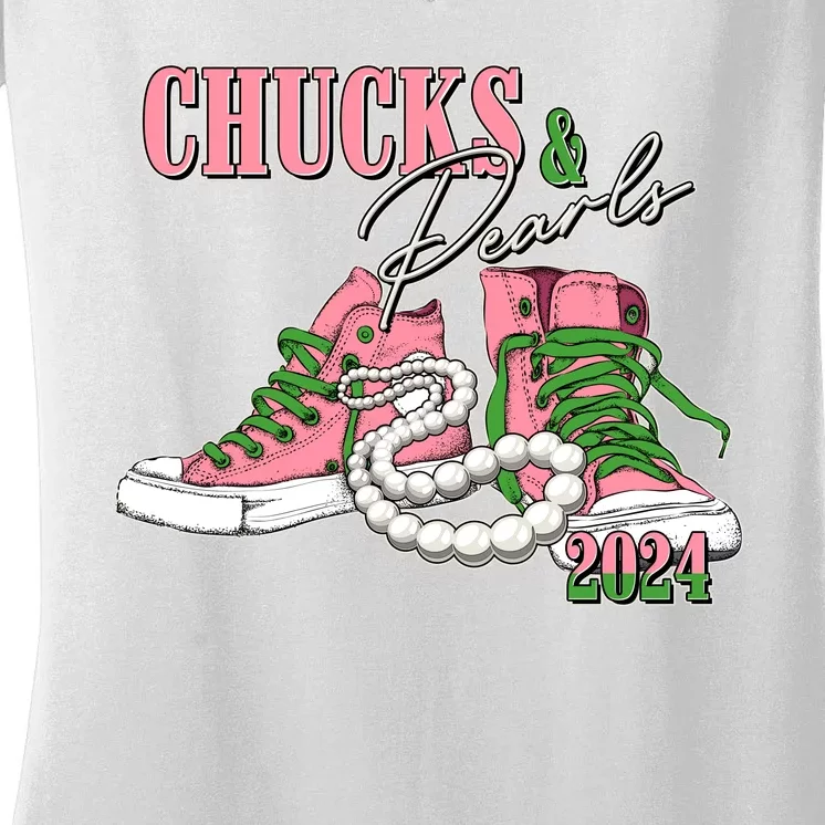 Chucks And Pearls Kamala Harris 2024 Aka Sorority Pink And Green Women's V-Neck T-Shirt