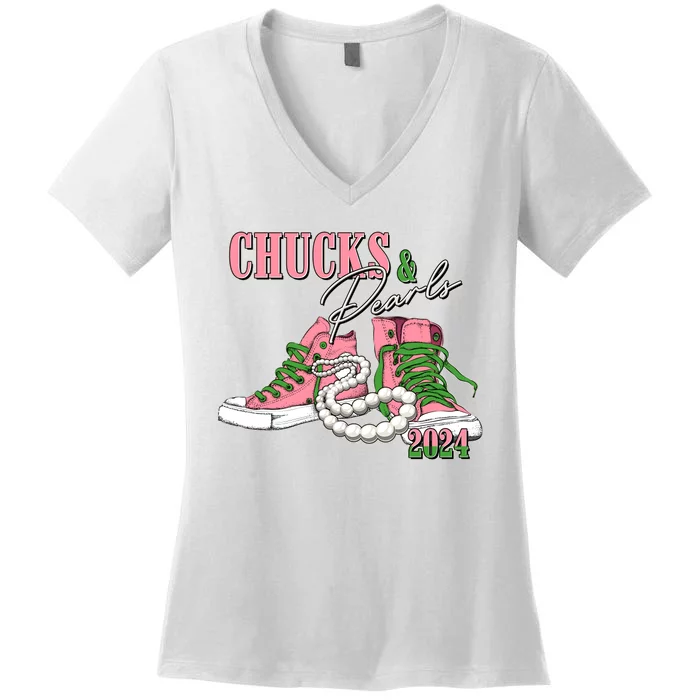 Chucks And Pearls Kamala Harris 2024 Aka Sorority Pink And Green Women's V-Neck T-Shirt