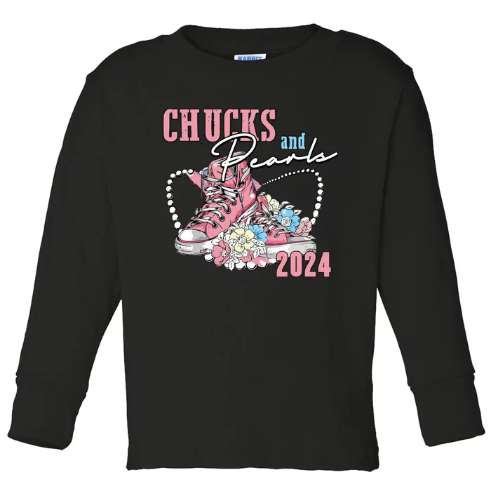 Chucks And Pearls 2024 Im With Her Kamala 2024 Toddler Long Sleeve Shirt