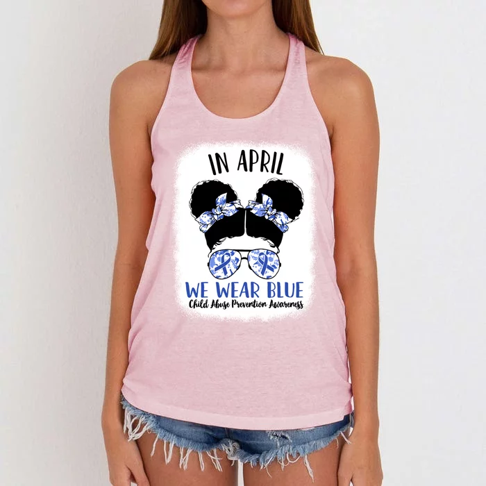 Child Abuse Prevention Awareness Month Blue Ribbon Messy Bun Gift Women's Knotted Racerback Tank