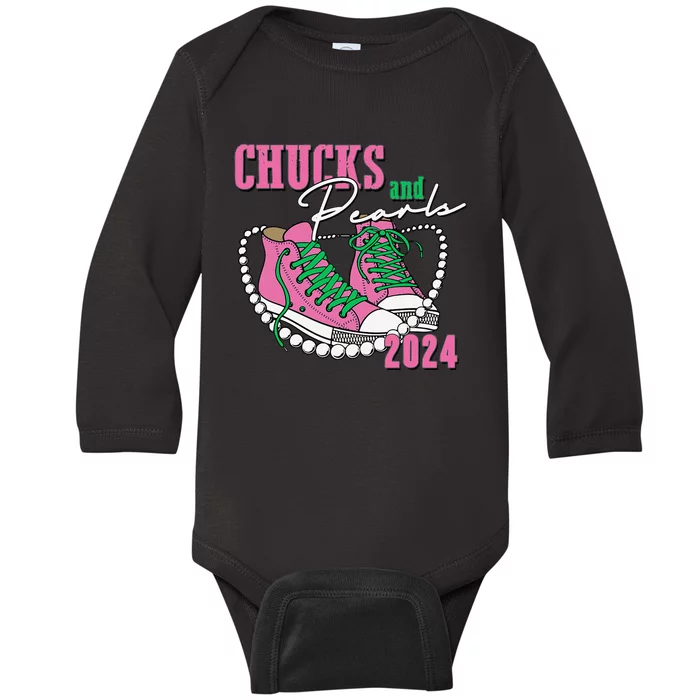 Chucks And Pearls IM With Her Kamala 2024 Baby Long Sleeve Bodysuit