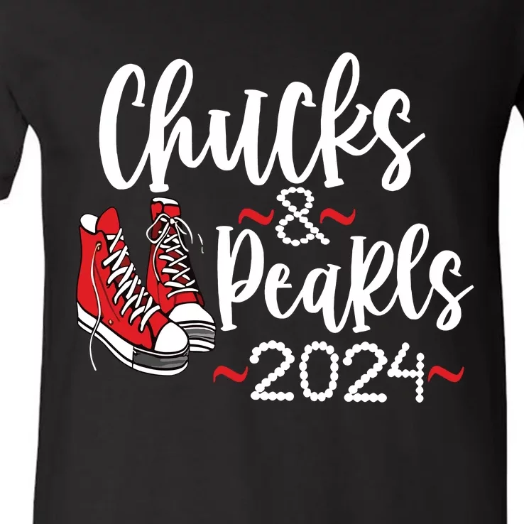 Chucks And Pearls Madam Presidential Election 2024 V-Neck T-Shirt