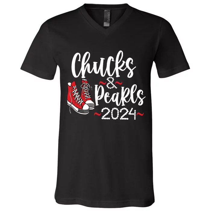 Chucks And Pearls Madam Presidential Election 2024 V-Neck T-Shirt