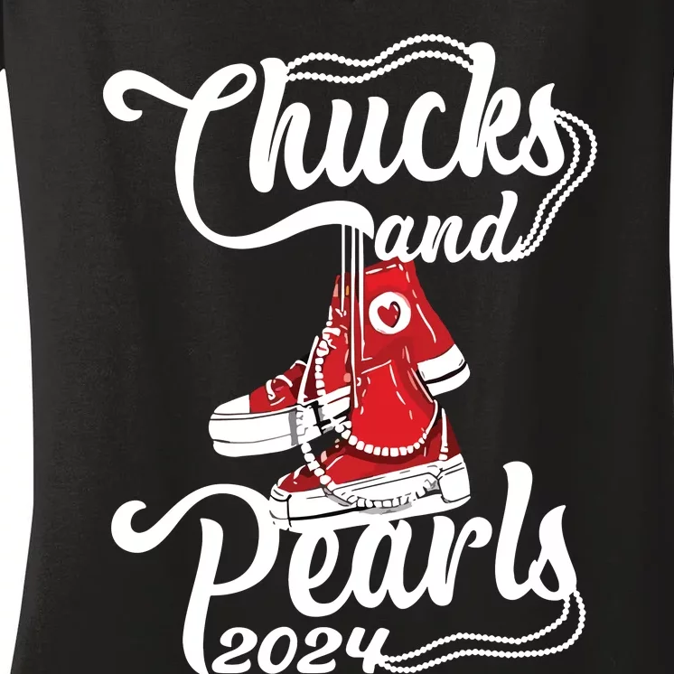 Chucks And Pearls Kamala Harris 2024 Support Women's V-Neck T-Shirt