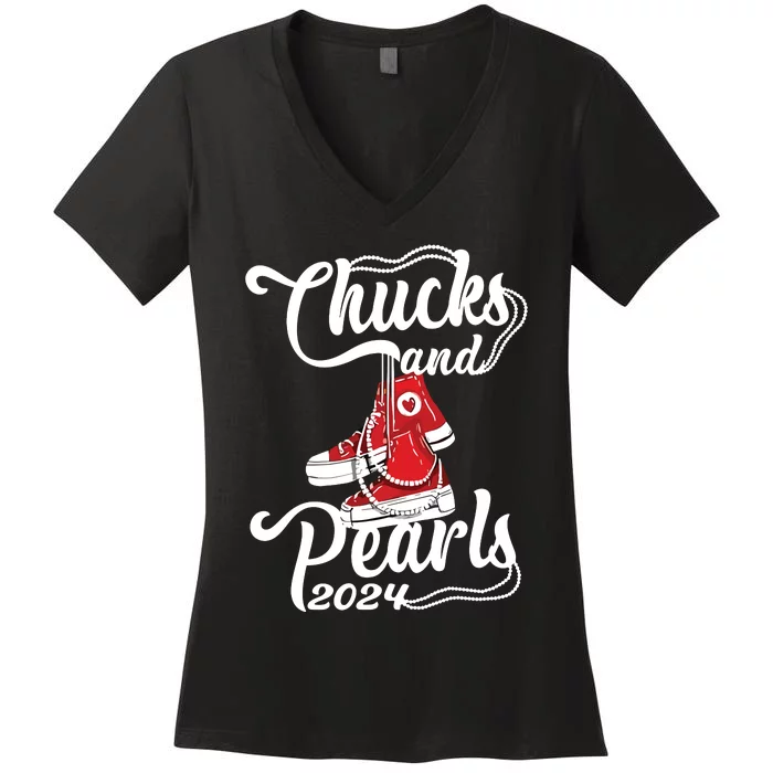 Chucks And Pearls Kamala Harris 2024 Support Women's V-Neck T-Shirt