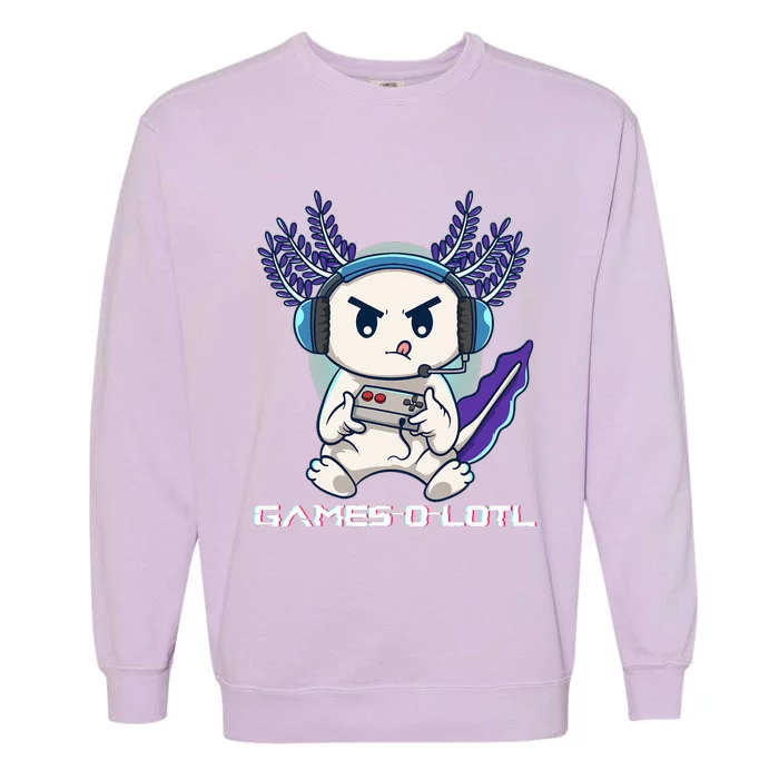 Cute Axolotl Playing Console Video Games Axolotl Gaming Garment-Dyed Sweatshirt