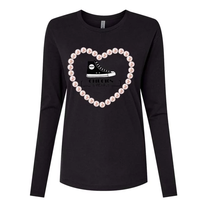 Chucks And Pearls 2024 V Neck Womens Cotton Relaxed Long Sleeve T-Shirt