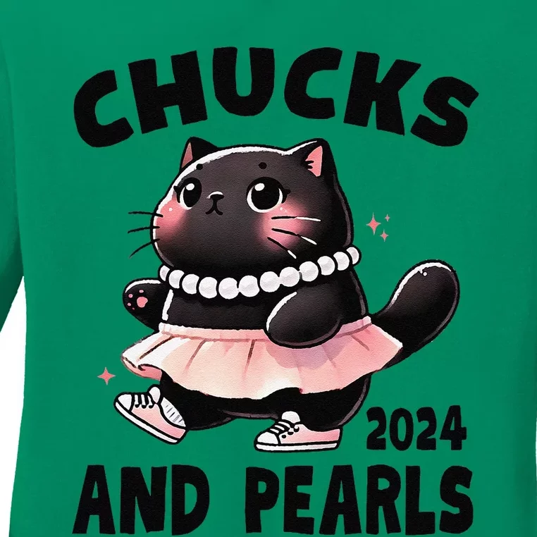 Chucks And Pearls Cute Black Cat Black History Proud Women Ladies Long Sleeve Shirt