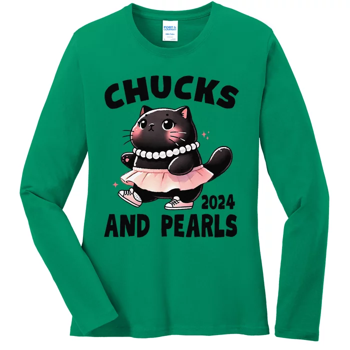 Chucks And Pearls Cute Black Cat Black History Proud Women Ladies Long Sleeve Shirt