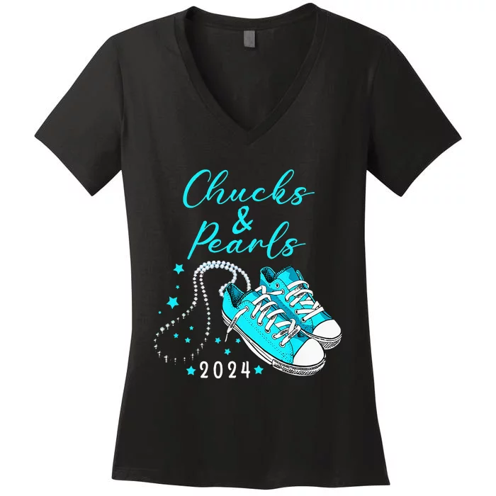 Chucks And Pearls 2024 Kamala Harris For President 47th Women's V-Neck T-Shirt