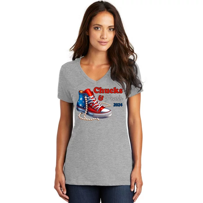 Chucks And Pearls Kamala Harris 2024 Usa Election Women's V-Neck T-Shirt