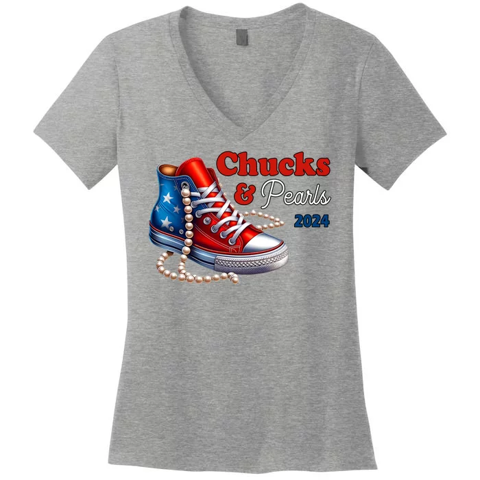 Chucks And Pearls Kamala Harris 2024 Usa Election Women's V-Neck T-Shirt