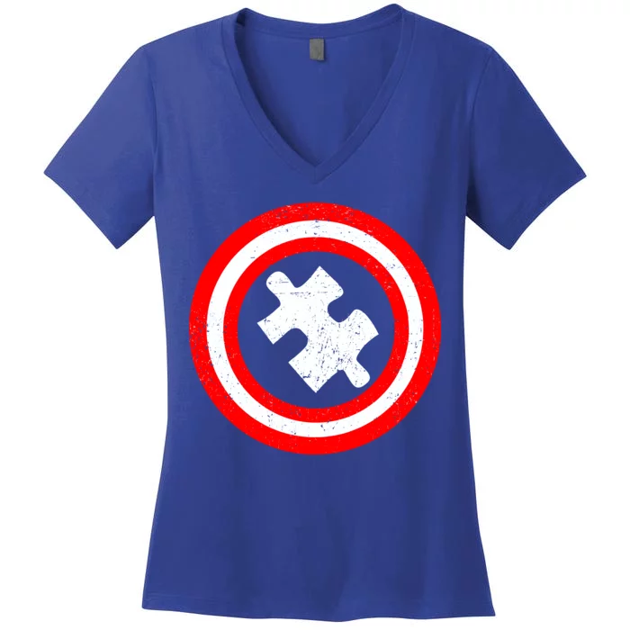 Captain Autism Distressed Shield Women's V-Neck T-Shirt