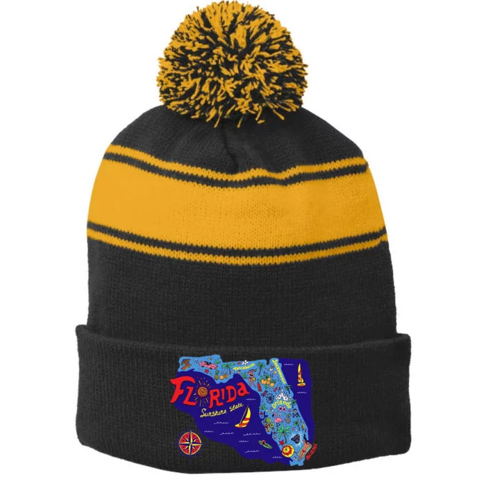 Cartoon Map of Florida Stripe Pom Pom Beanie