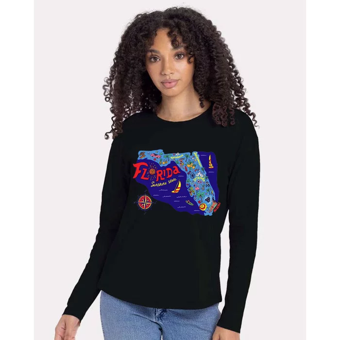 Cartoon Map of Florida Womens Cotton Relaxed Long Sleeve T-Shirt