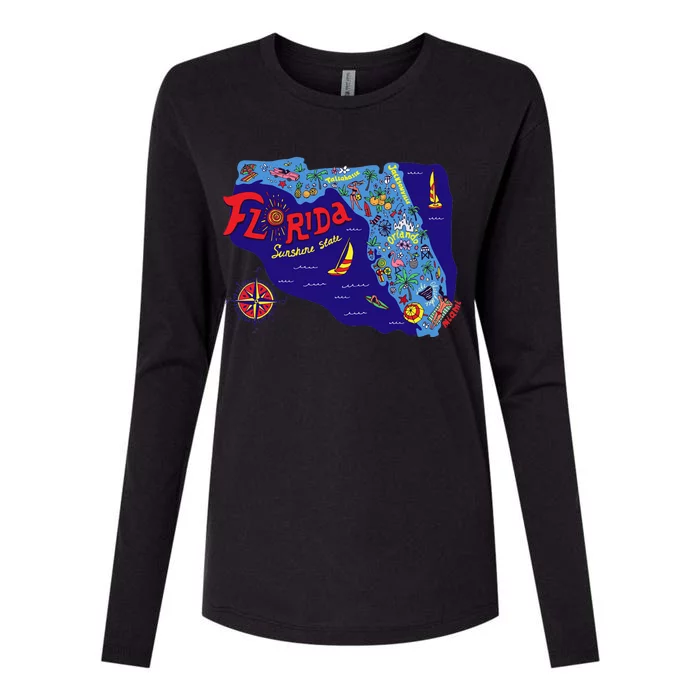 Cartoon Map of Florida Womens Cotton Relaxed Long Sleeve T-Shirt