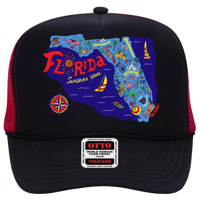 Cartoon Map of Florida High Crown Mesh Trucker Hat