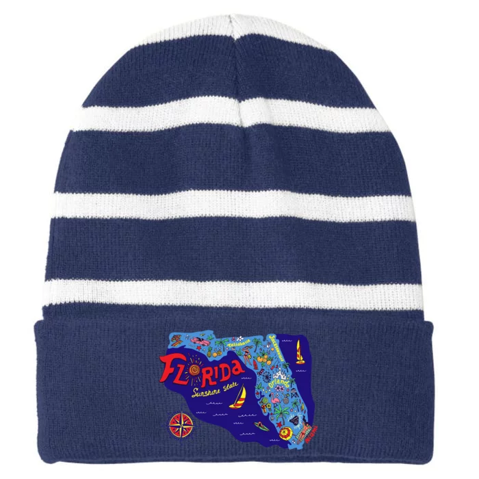 Cartoon Map of Florida Striped Beanie with Solid Band