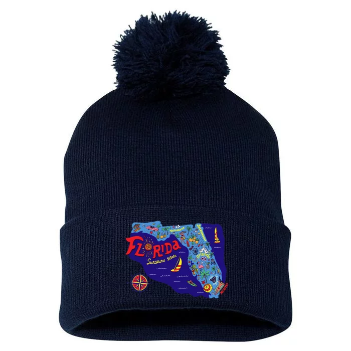 Cartoon Map of Florida Pom Pom 12in Knit Beanie