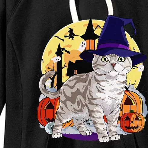 Cute American Shorthair Cat Halloween Witch Pumpkin Women's Fleece Hoodie