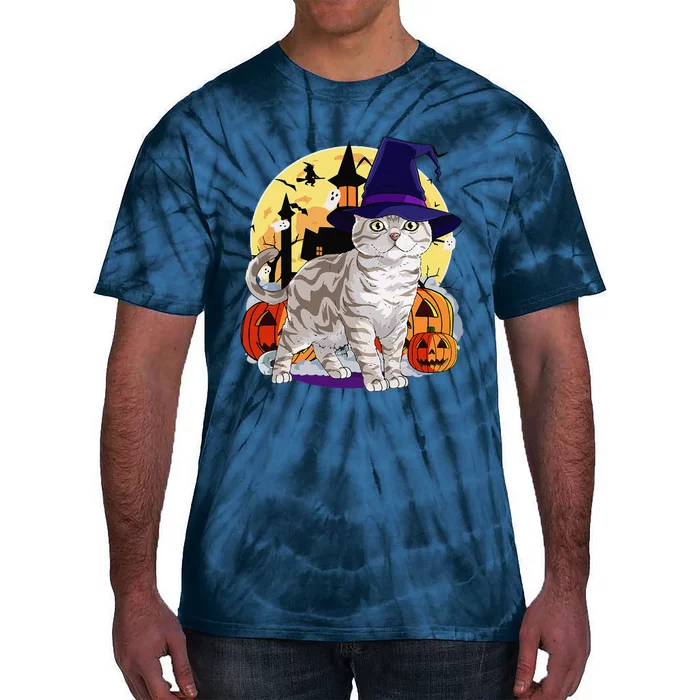 Cute American Shorthair Cat Halloween Witch Pumpkin Tie-Dye T-Shirt