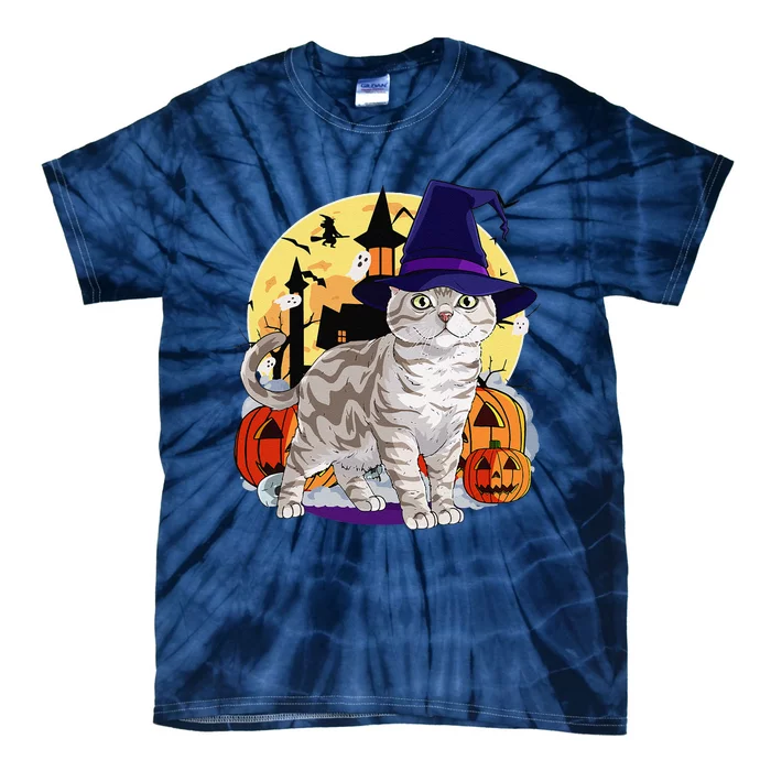 Cute American Shorthair Cat Halloween Witch Pumpkin Tie-Dye T-Shirt